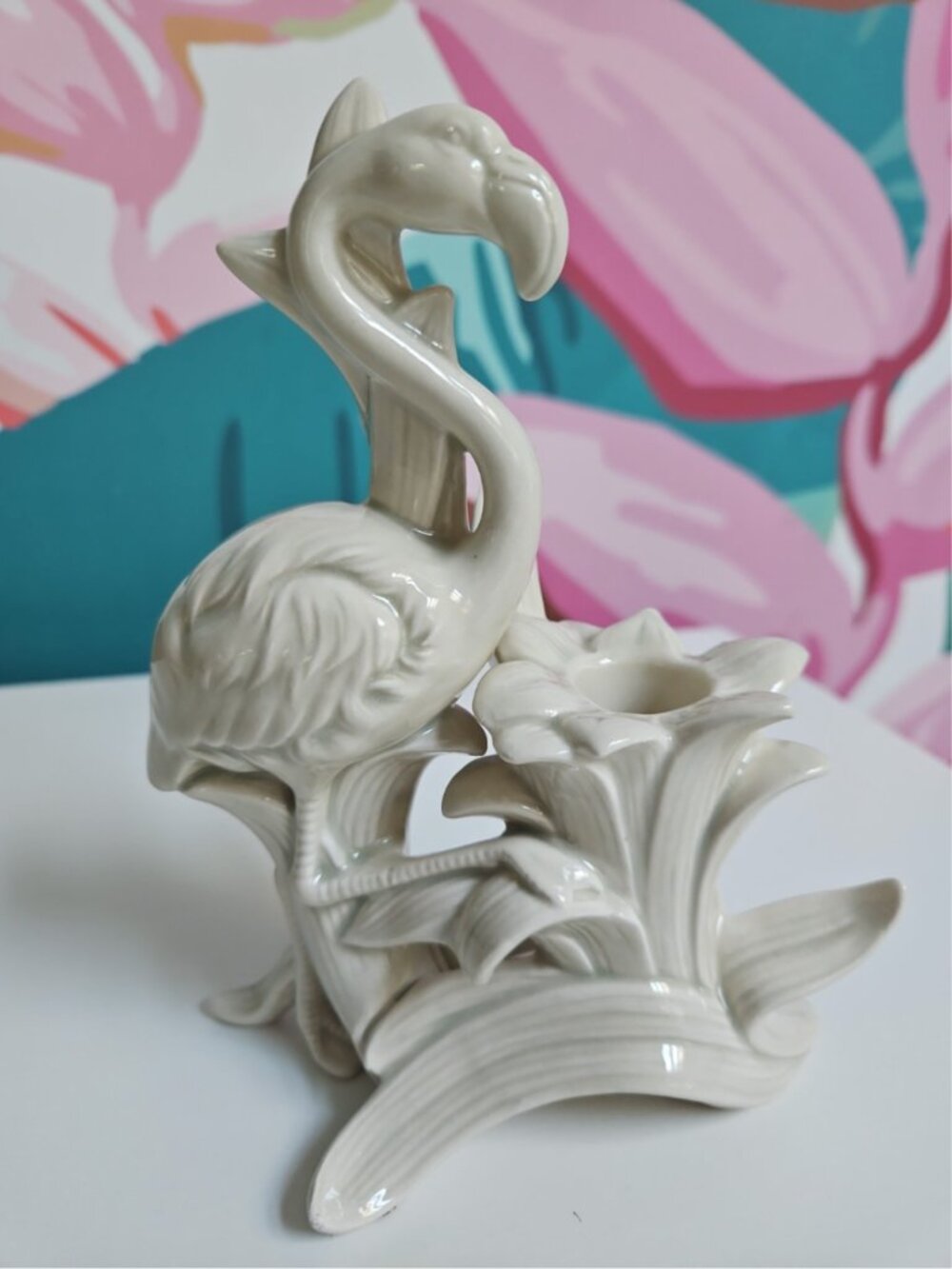 Vintage Takahashi Flamingo Figural Candle Holder Light Celadon Porcelain Japan